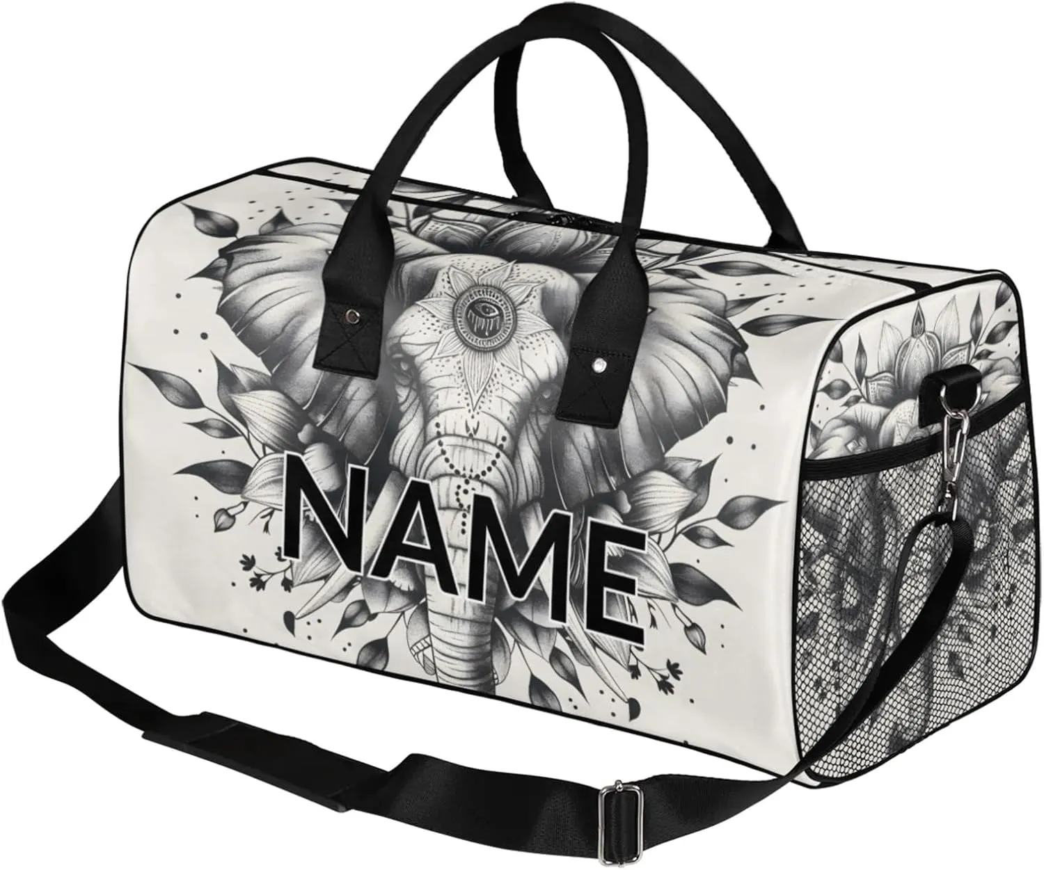 Personalized Wild Elephant Travel Duffel Bag with Name, Custom Gym Sport Bag Black Gray Carry On Weekend Overnight Duffel Bag for Men Women