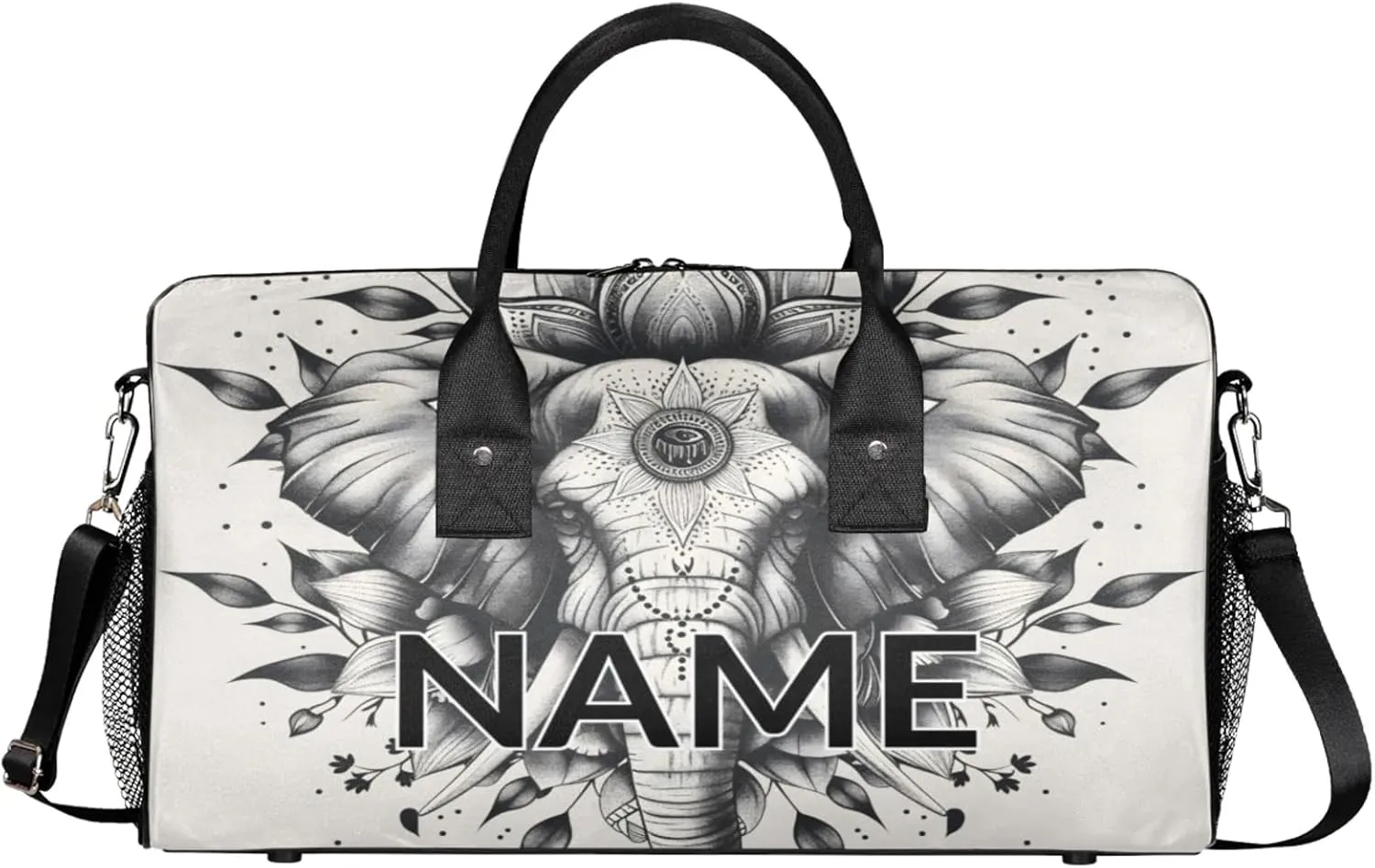 Personalized Wild Elephant Travel Duffel Bag with Name, Custom Gym Sport Bag Black Gray Carry On Weekend Overnight Duffel Bag for Men Women