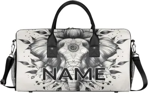 Personalized Wild Elephant Travel Duffel Bag with Name, Custom Gym Sport Bag Black Gray Carry On Weekend Overnight Duffel Bag for Men Women