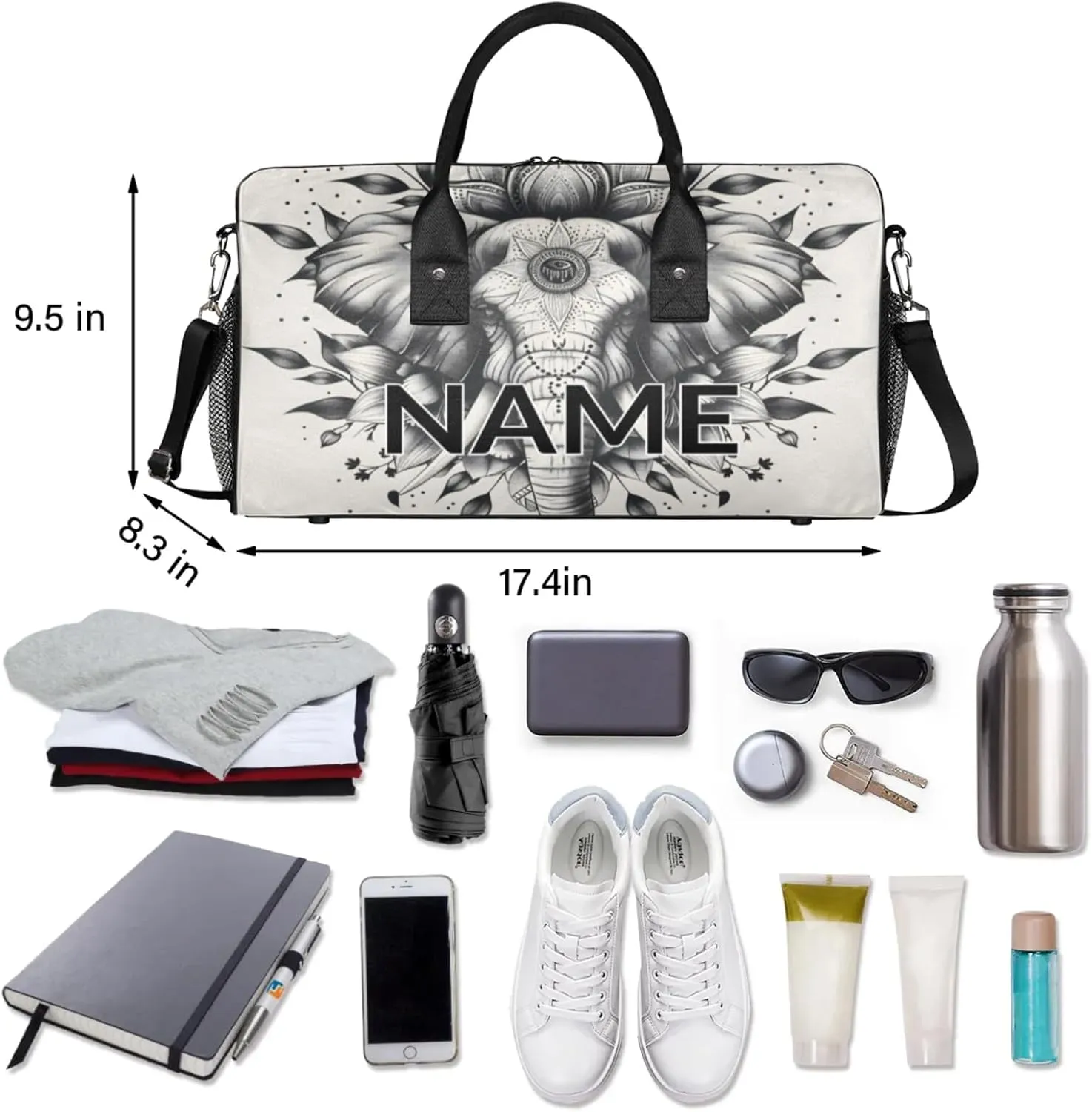 Personalized Wild Elephant Travel Duffel Bag with Name, Custom Gym Sport Bag Black Gray Carry On Weekend Overnight Duffel Bag for Men Women