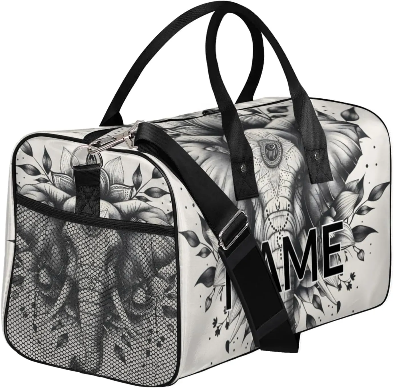 Personalized Wild Elephant Travel Duffel Bag with Name, Custom Gym Sport Bag Black Gray Carry On Weekend Overnight Duffel Bag for Men Women