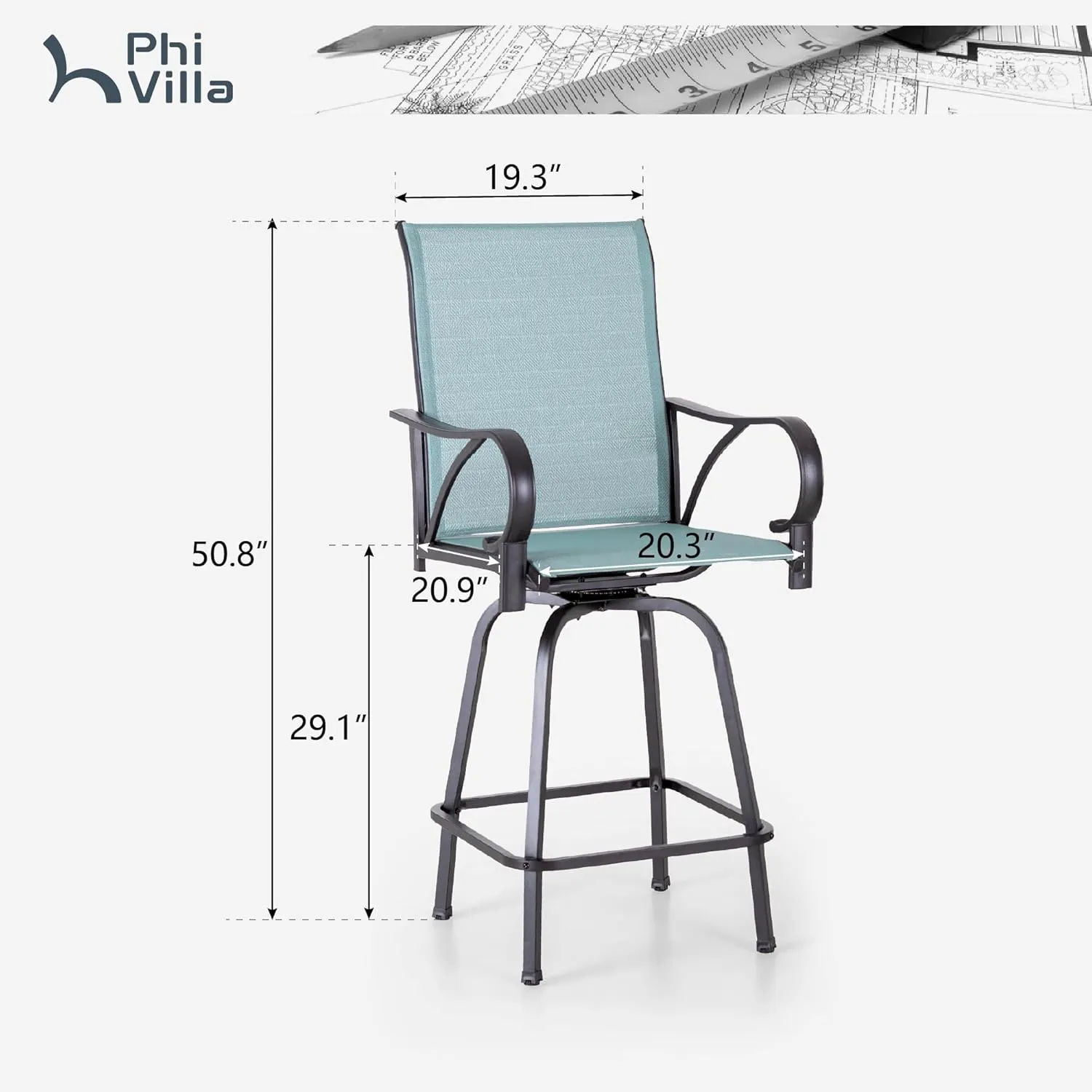 PHI VILLA Outdoor Bar Stools Set of 4, Swivel Patio Bar Stools & Chairs, High Top Bar Chairs Outside for Balcony，Porch and Backyard, Teal
