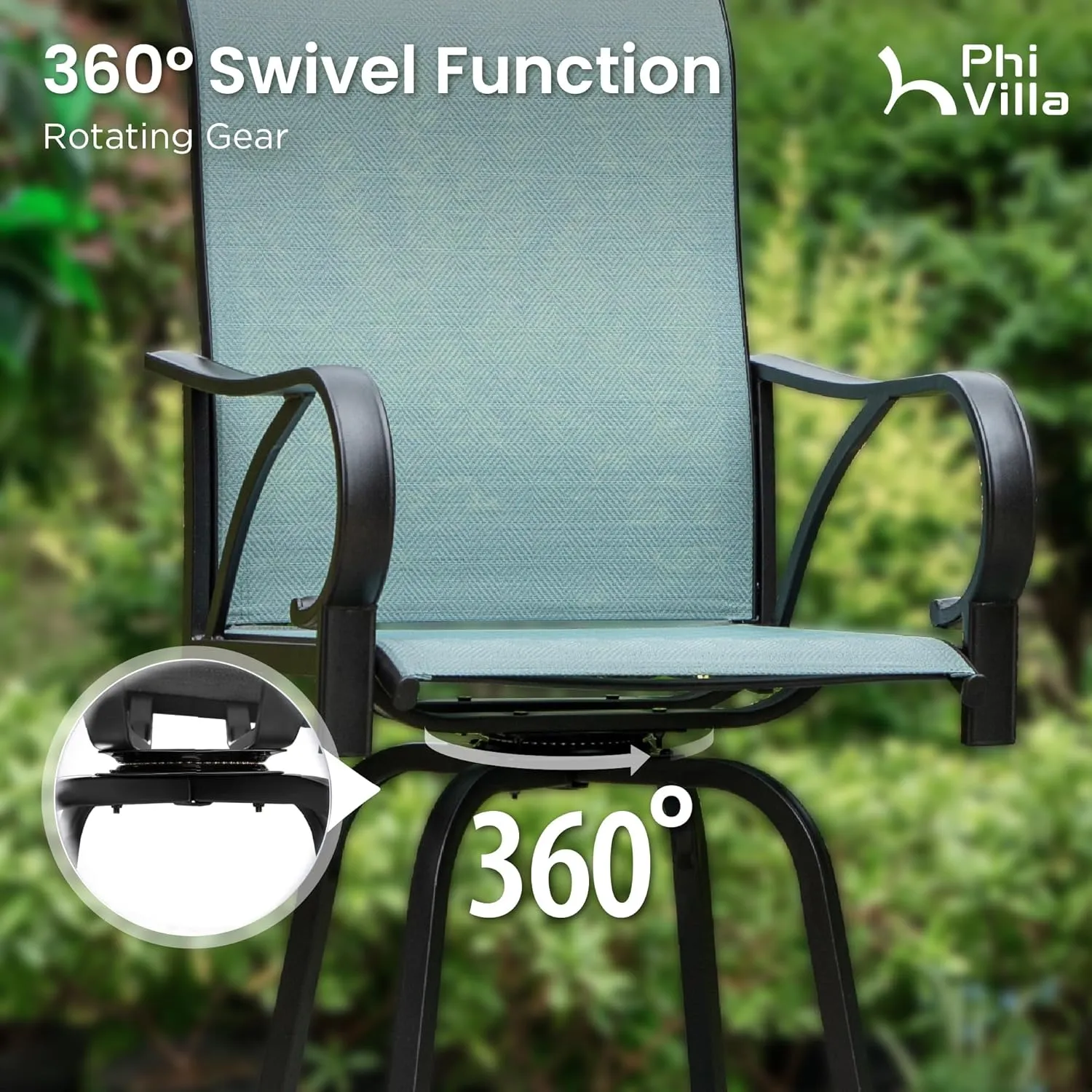 PHI VILLA Outdoor Bar Stools Set of 4, Swivel Patio Bar Stools & Chairs, High Top Bar Chairs Outside for Balcony，Porch and Backyard, Teal