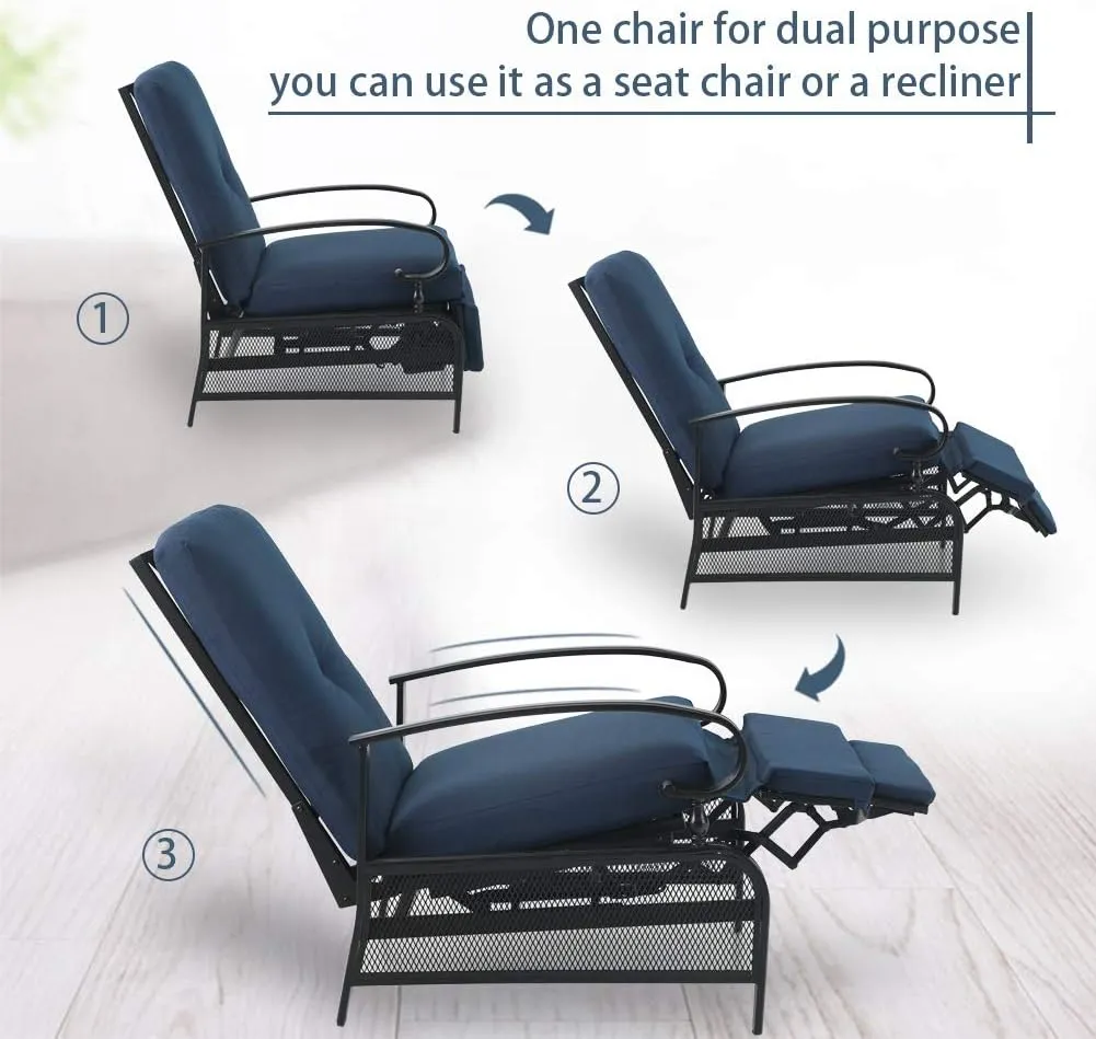 PHI VILLA Oversized Outdoor Recliner Chair, Zero Gravity Metal Patio Recliner Lounger Chaise Chair with Removable Blue Cushion for Garden, Poolside, Deck and Yard
