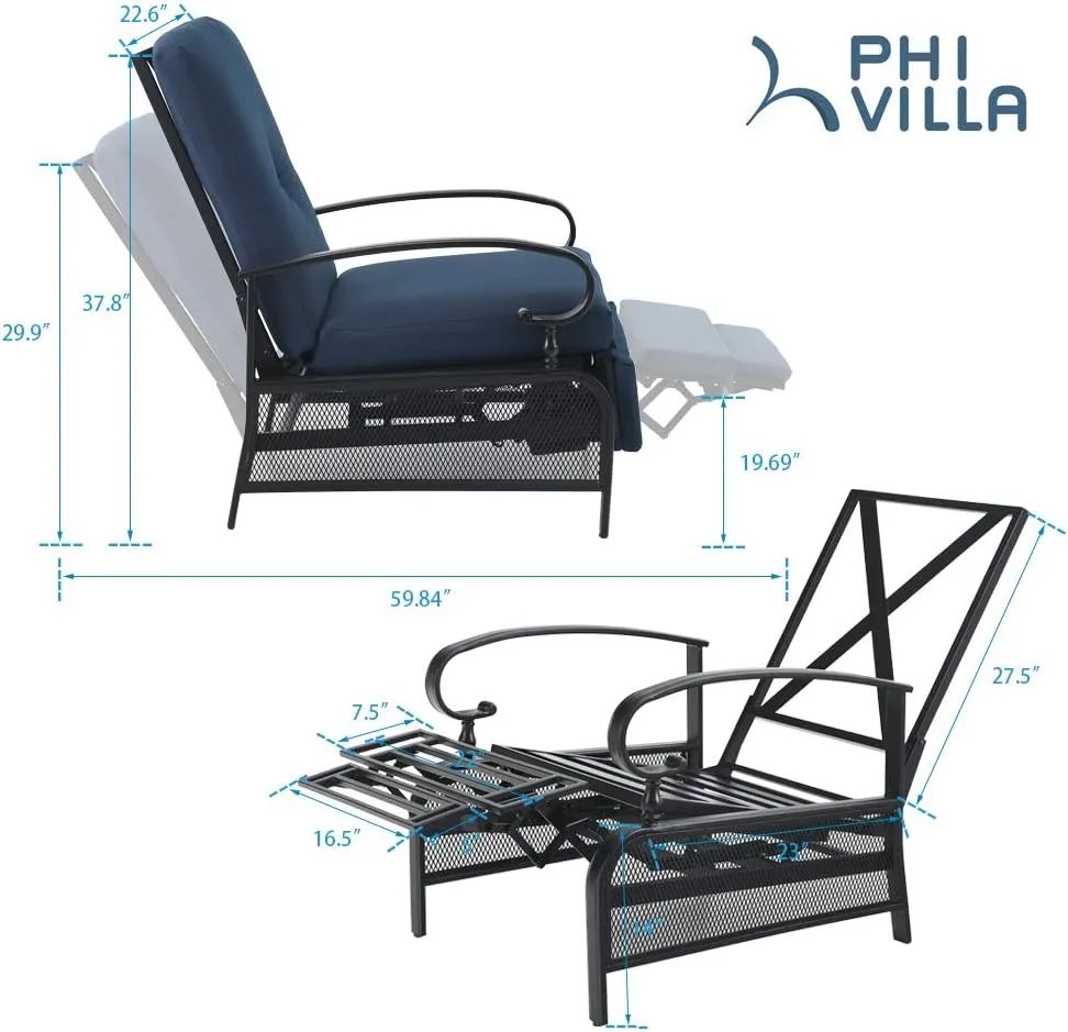 PHI VILLA Oversized Outdoor Recliner Chair, Zero Gravity Metal Patio Recliner Lounger Chaise Chair with Removable Blue Cushion for Garden, Poolside, Deck and Yard