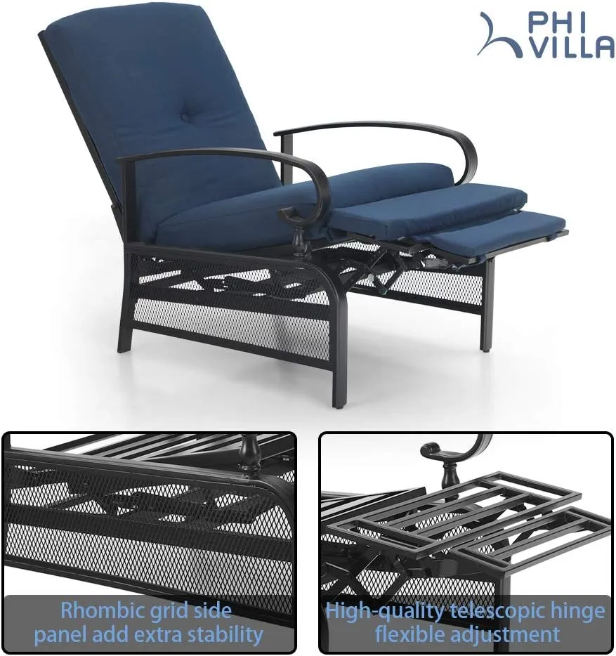 PHI VILLA Oversized Outdoor Recliner Chair, Zero Gravity Metal Patio Recliner Lounger Chaise Chair with Removable Blue Cushion for Garden, Poolside, Deck and Yard