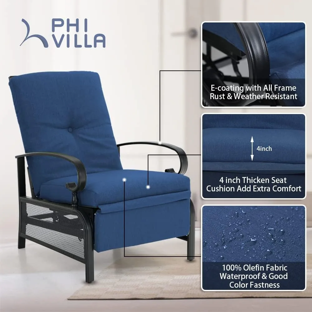 PHI VILLA Oversized Outdoor Recliner Chair, Zero Gravity Metal Patio Recliner Lounger Chaise Chair with Removable Blue Cushion for Garden, Poolside, Deck and Yard