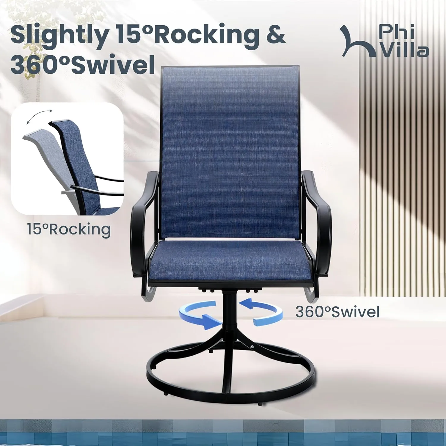 PHI VILLA Patio Swivel Dining Chairs Set of 4, All Weather Outdoor Chair with Textilene Mesh Fabric & Black Metal Frame for Outdoor Lawn Garden Poolside (Blue)