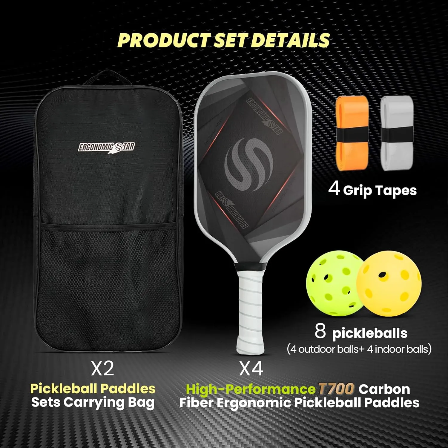 Pickleball Paddles Set of 2, T700 Carbon Fiber Lightweight 16MM PP Honeycomb Core Pickleball Rackets with 4 Balls 2 Grip Tapes and 1 Carry Bag for Beginner to Advanced Elite Series