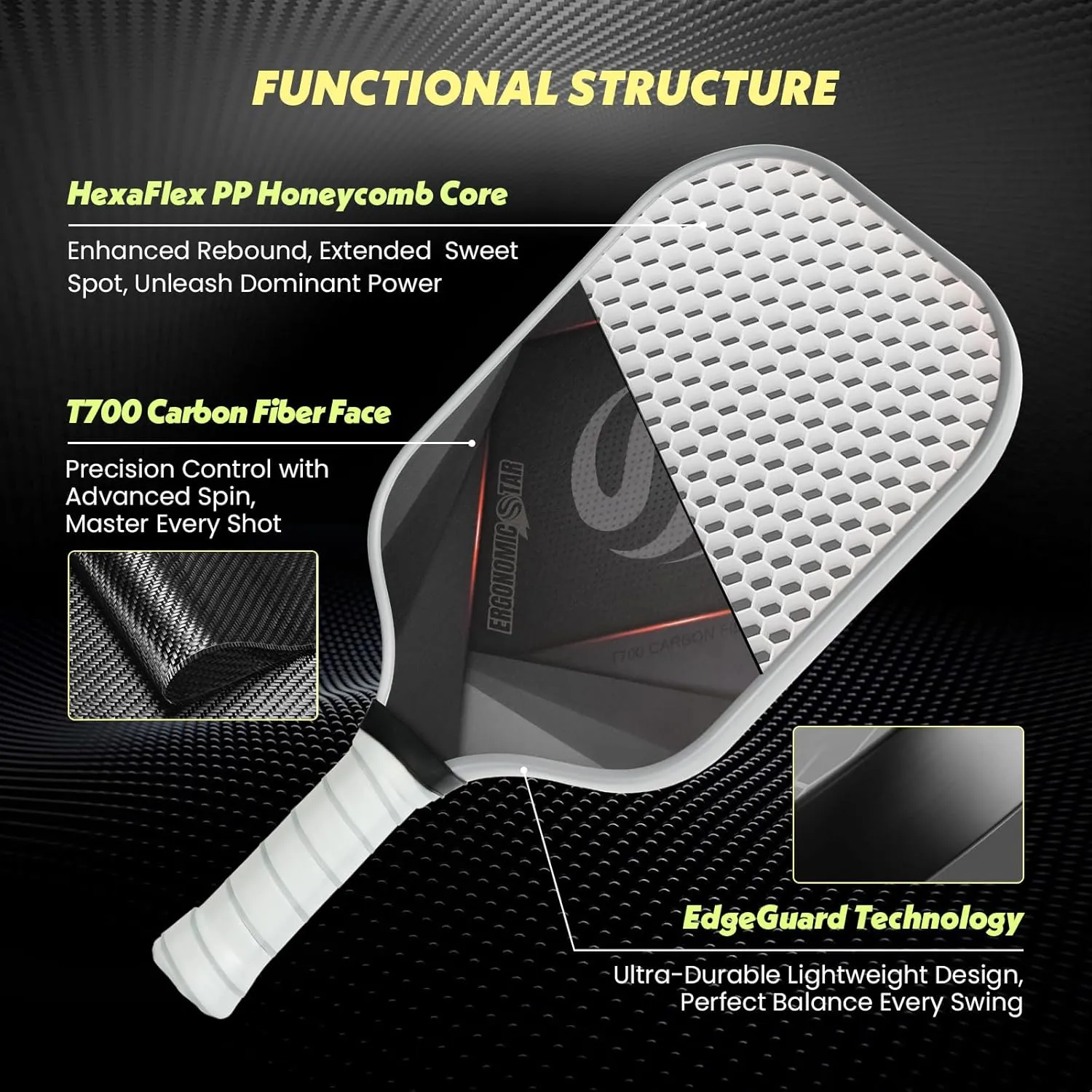Pickleball Paddles Set of 2, T700 Carbon Fiber Lightweight 16MM PP Honeycomb Core Pickleball Rackets with 4 Balls 2 Grip Tapes and 1 Carry Bag for Beginner to Advanced Elite Series