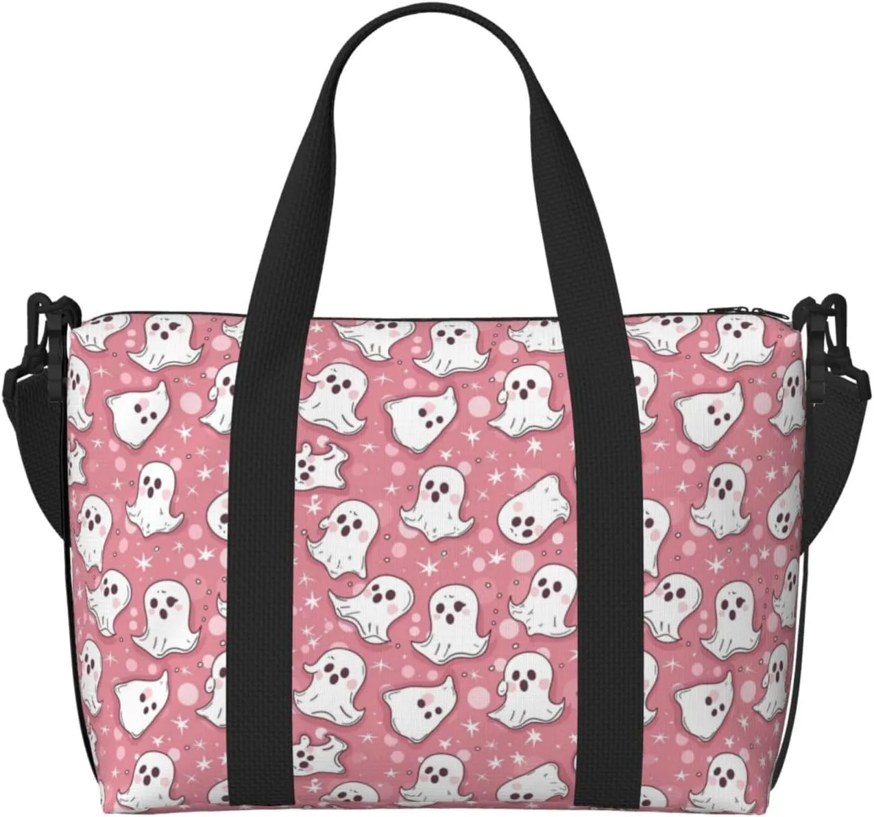 Pink Background Halloween Ghost Travel Duffle Bag For Women Men Weekender Overnight Bag Gym Bag For Women, Carry On Airport Bag, Travel Tote Bag With Strap For Gym Travel Business Trips