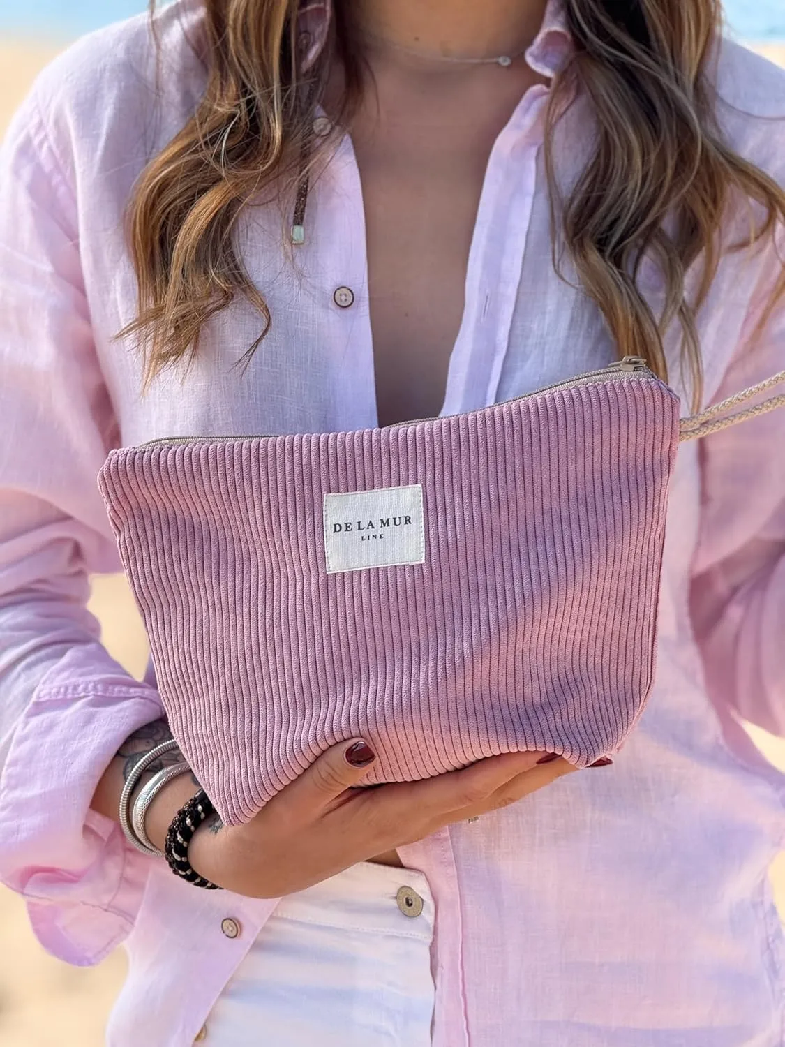Pink Corduroy Cosmetic Bag for Women – Large Toiletry Bag for Travel, Skincare & Makeup Organizer, Travel Size Toiletries Bag – Cruise & Vacation Gift – Made in Barcelona, Spain
