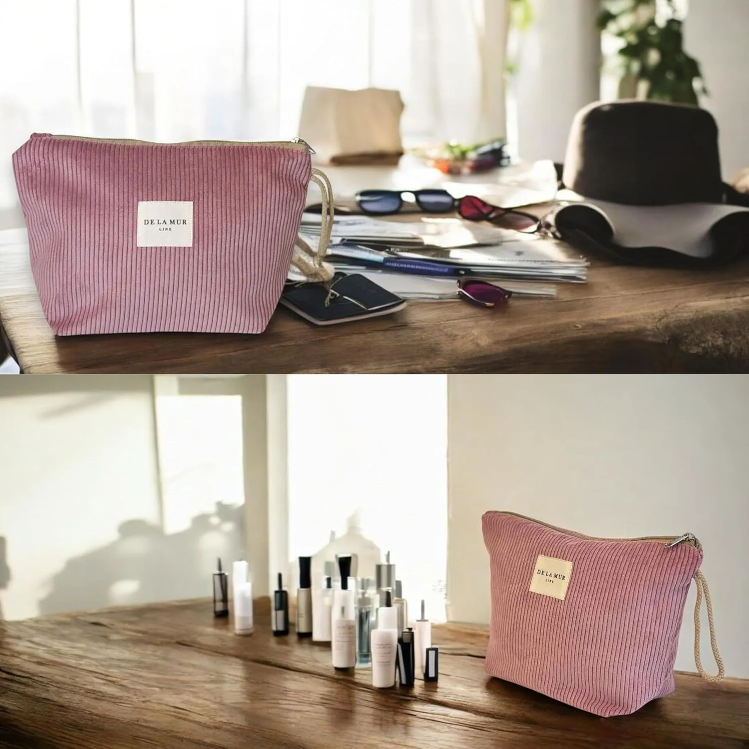 Pink Corduroy Cosmetic Bag for Women – Large Toiletry Bag for Travel, Skincare & Makeup Organizer, Travel Size Toiletries Bag – Cruise & Vacation Gift – Made in Barcelona, Spain