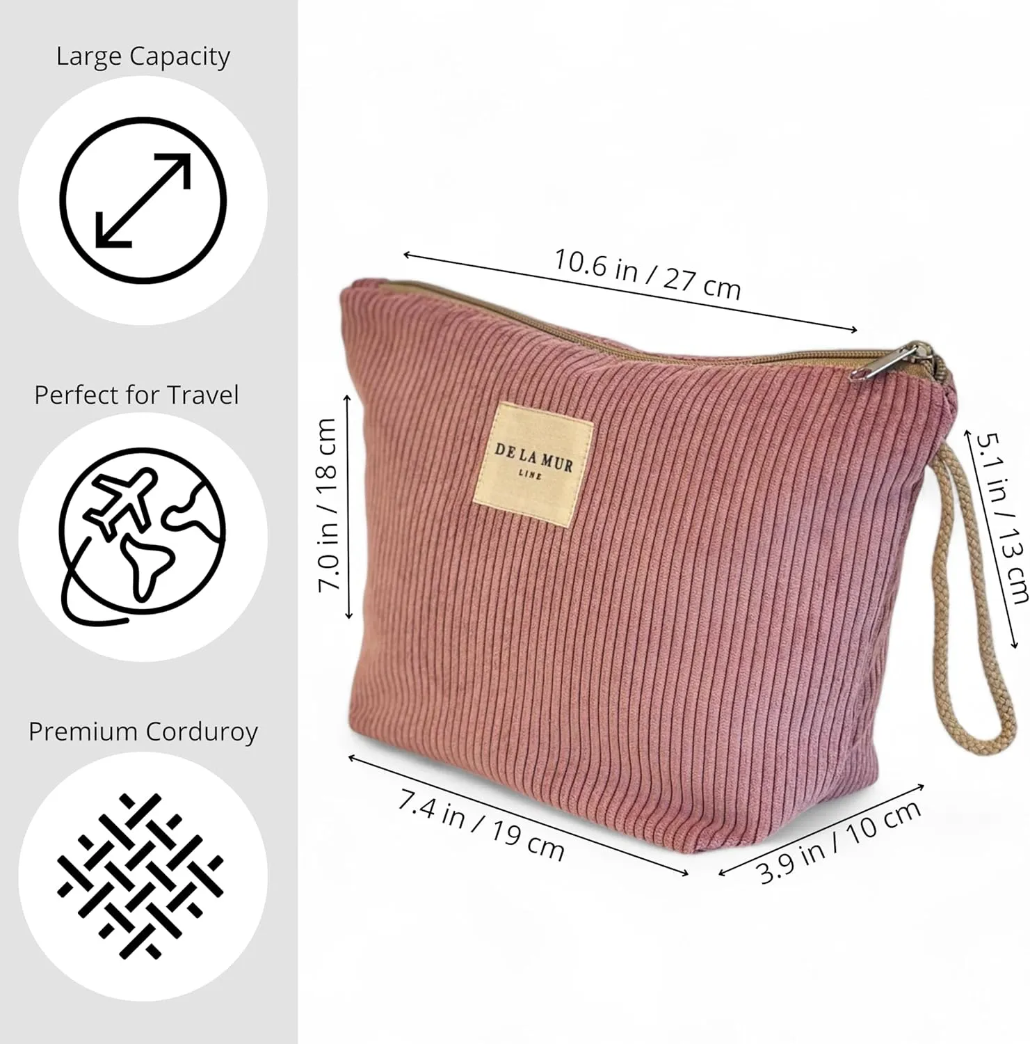 Pink Corduroy Cosmetic Bag for Women – Large Toiletry Bag for Travel, Skincare & Makeup Organizer, Travel Size Toiletries Bag – Cruise & Vacation Gift – Made in Barcelona, Spain