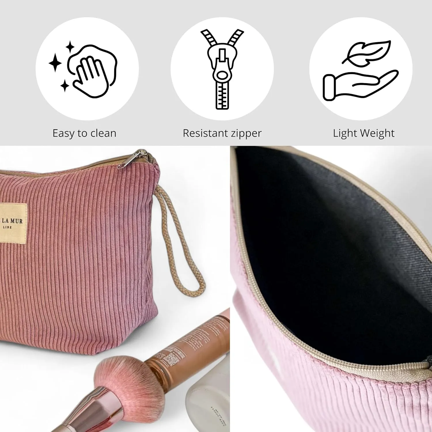 Pink Corduroy Cosmetic Bag for Women – Large Toiletry Bag for Travel, Skincare & Makeup Organizer, Travel Size Toiletries Bag – Cruise & Vacation Gift – Made in Barcelona, Spain