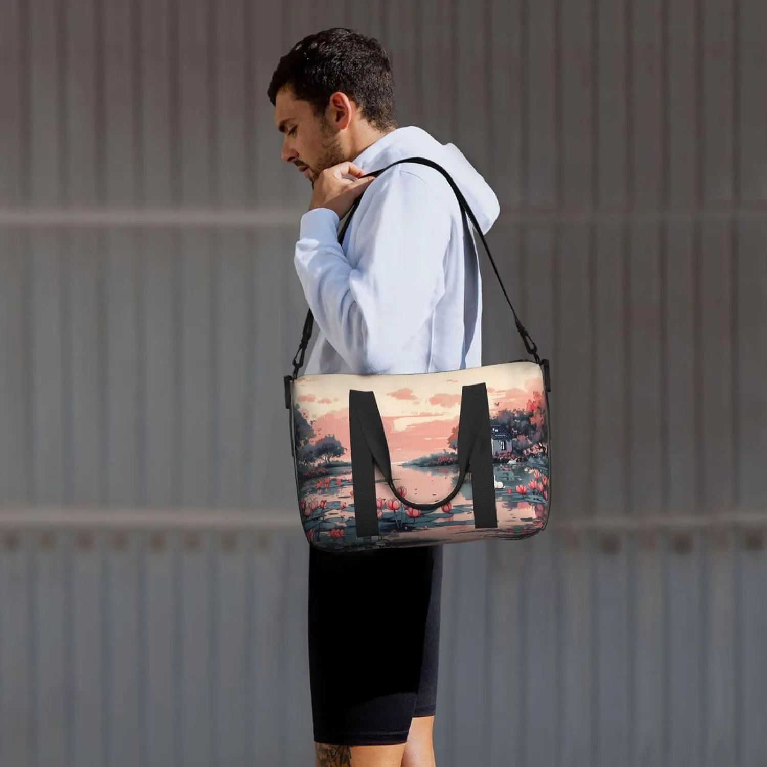 pink landscape print Travel Duffel Bag, Sports Tote Gym Bag, Swim Pool Bag Large Shoulder Tote Bag for Beach Weekender