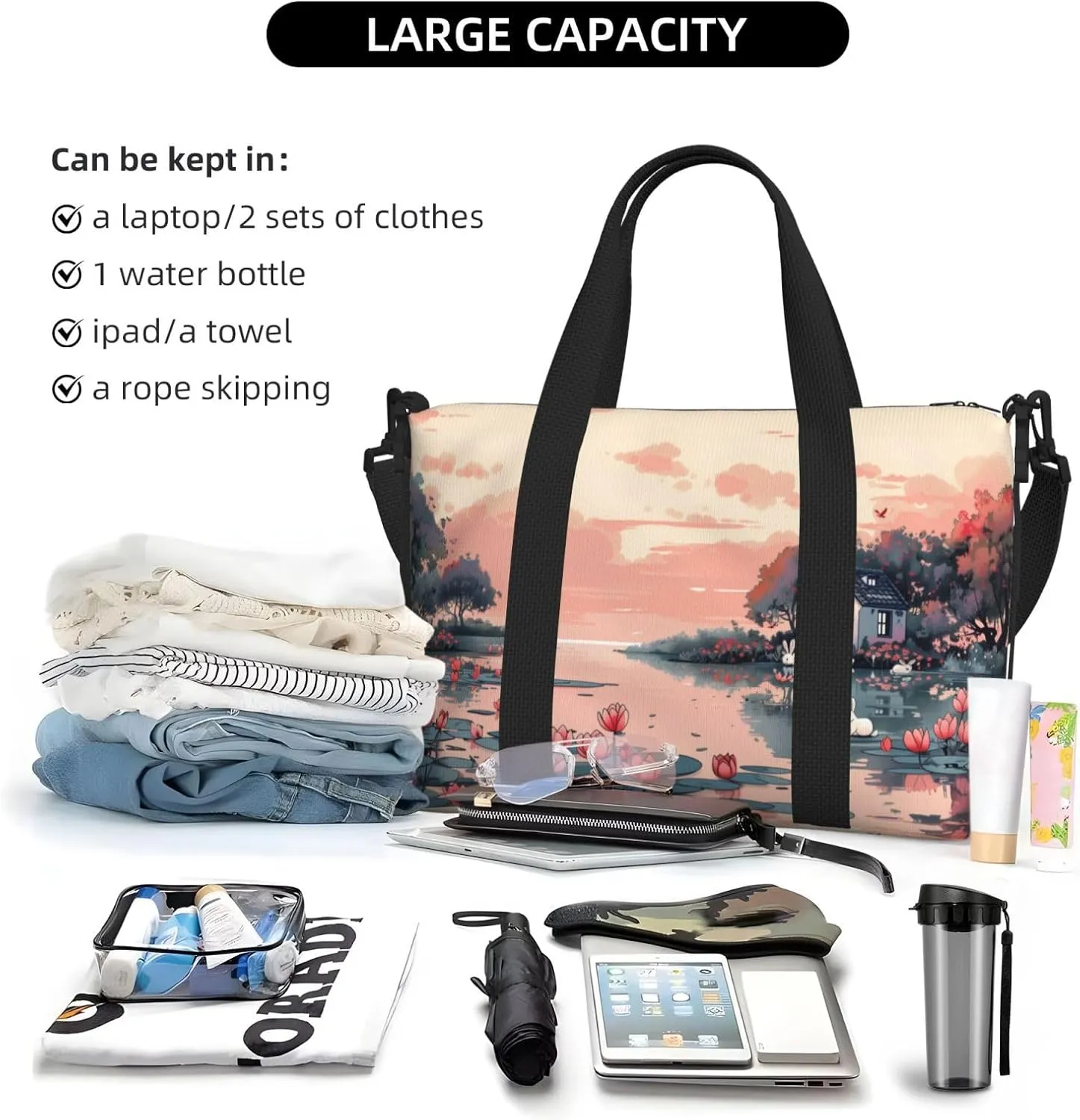 pink landscape print Travel Duffel Bag, Sports Tote Gym Bag, Swim Pool Bag Large Shoulder Tote Bag for Beach Weekender
