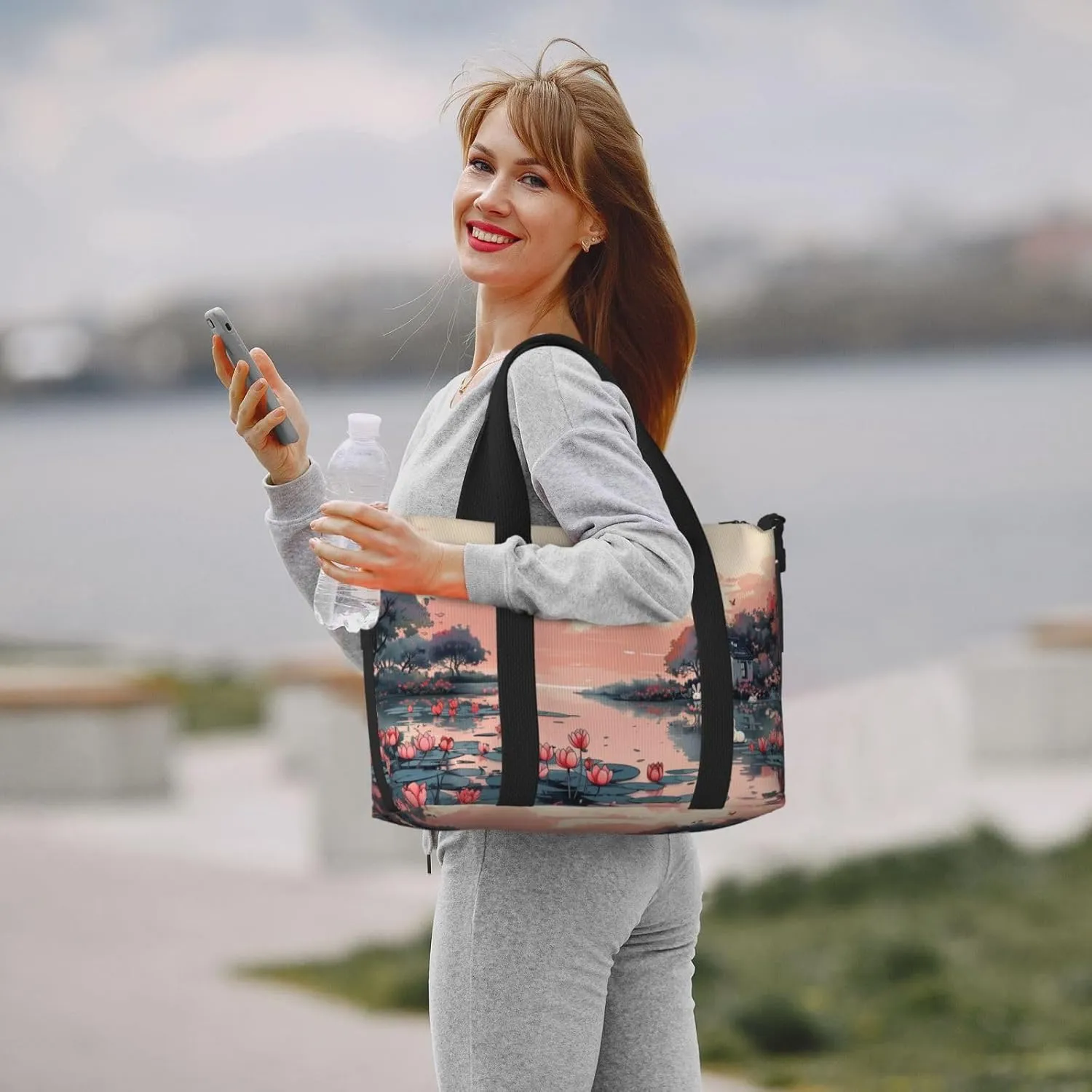 pink landscape print Travel Duffel Bag, Sports Tote Gym Bag, Swim Pool Bag Large Shoulder Tote Bag for Beach Weekender