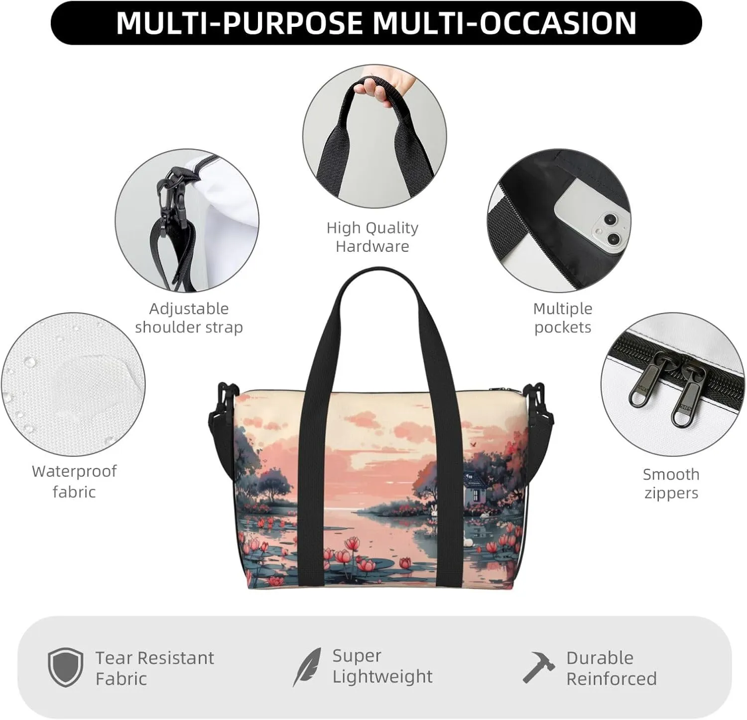 pink landscape print Travel Duffel Bag, Sports Tote Gym Bag, Swim Pool Bag Large Shoulder Tote Bag for Beach Weekender