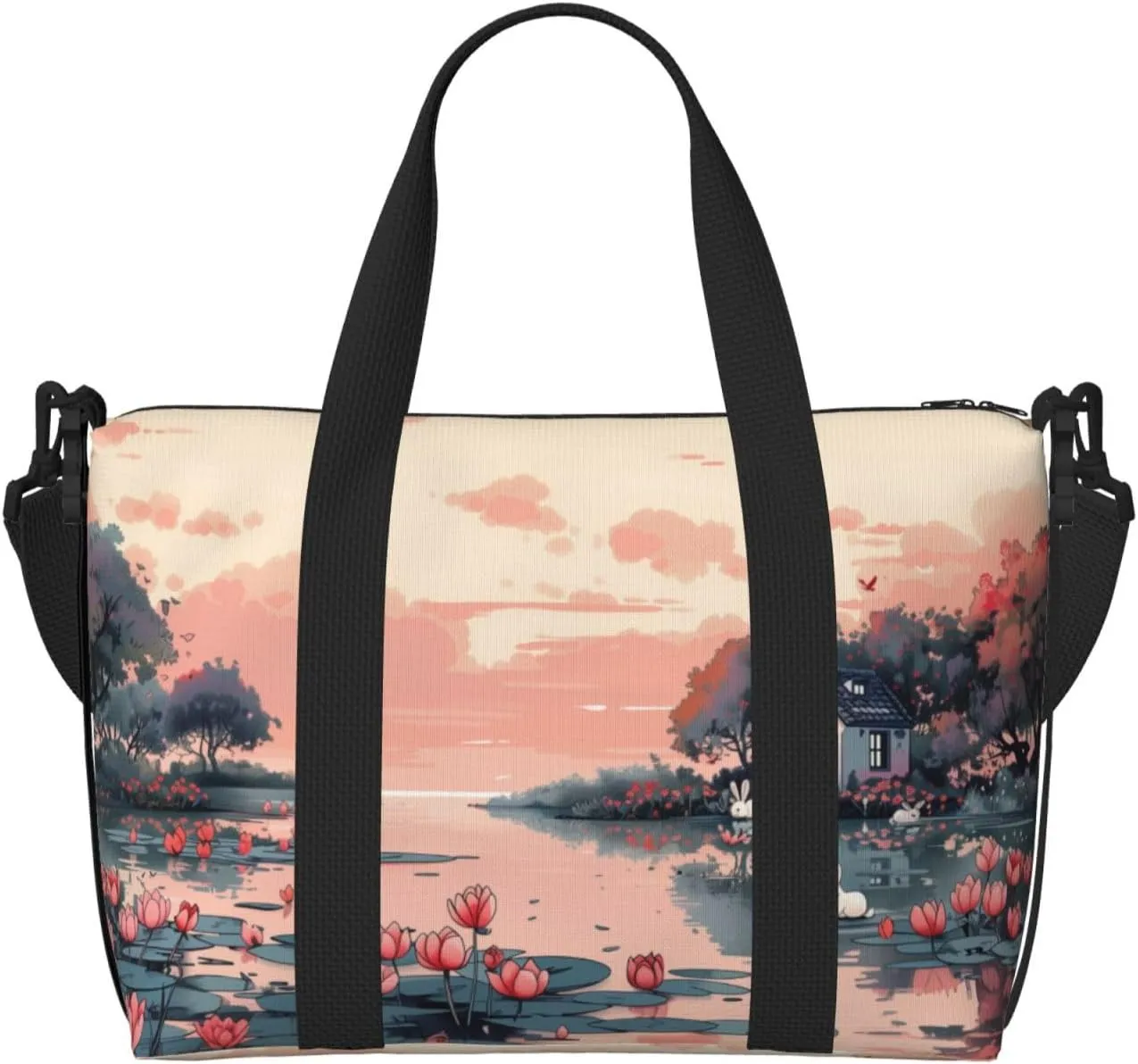 pink landscape print Travel Duffel Bag, Sports Tote Gym Bag, Swim Pool Bag Large Shoulder Tote Bag for Beach Weekender