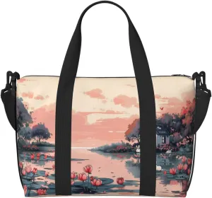pink landscape print Travel Duffel Bag, Sports Tote Gym Bag, Swim Pool Bag Large Shoulder Tote Bag for Beach Weekender