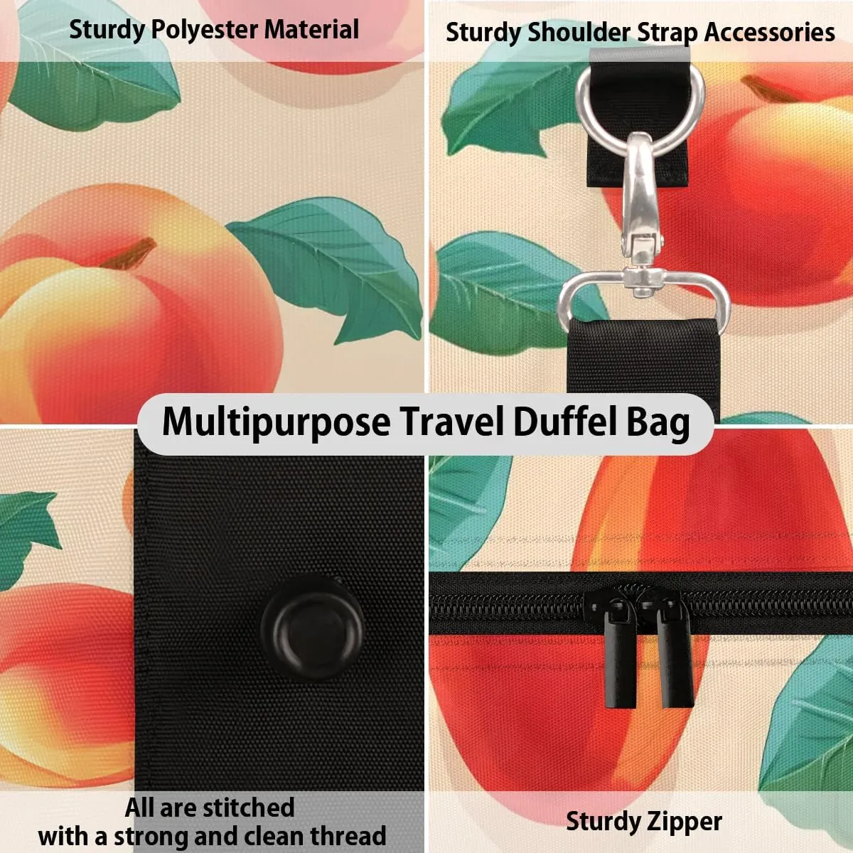 Pink Peach Fruit Travel Duffel Bag for Women Men Waterproof Foldable Overnight Weekender Bag Large Capacity Sports Gym Bag