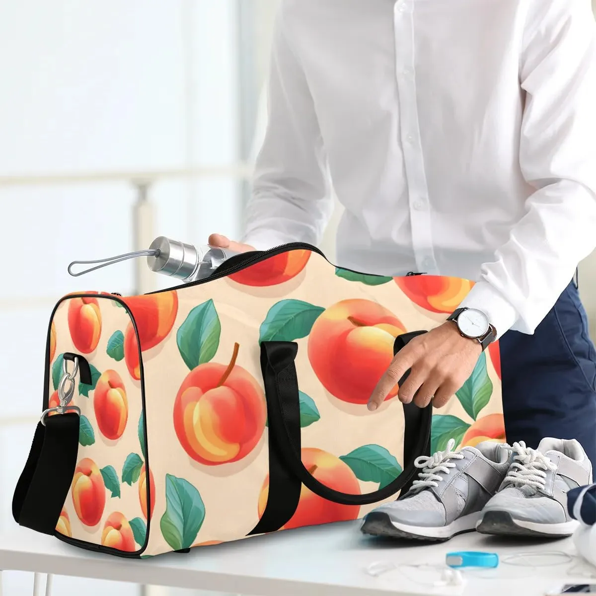 Pink Peach Fruit Travel Duffel Bag for Women Men Waterproof Foldable Overnight Weekender Bag Large Capacity Sports Gym Bag