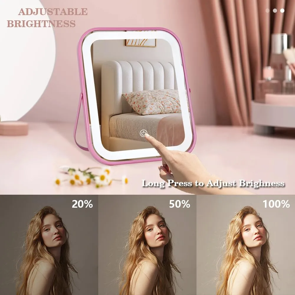 Pink Rechargeable Vanity Mirror with Lights, LED Makeup Mirror, 10"×8" Lighted Makeup Mirror with Lights, Smart Touch Control Dimmable 3 Modes Light, Lighted Up Mirror for Makeup Desk, Bedroom