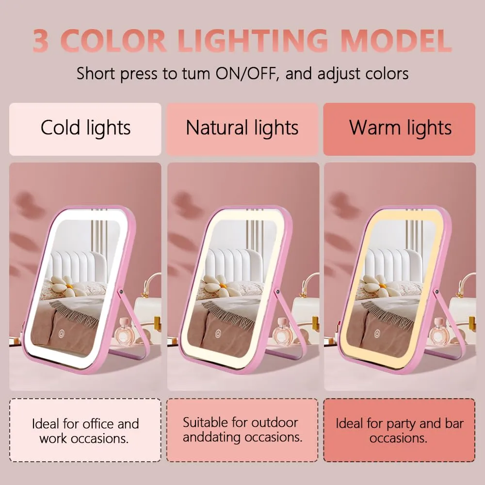 Pink Rechargeable Vanity Mirror with Lights, LED Makeup Mirror, 10"×8" Lighted Makeup Mirror with Lights, Smart Touch Control Dimmable 3 Modes Light, Lighted Up Mirror for Makeup Desk, Bedroom