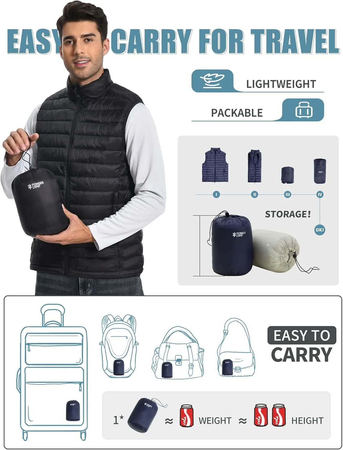 Pioneer Camp Men's Lightweight Puffer Vest Packable Water-Repellent Warm Quilted Sleeveless Outerwear for Work Casual Travel…