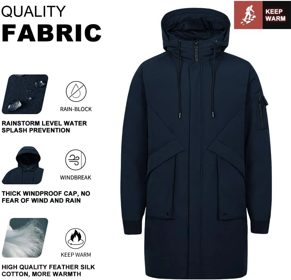 Pioneer Camp Men's Winter Coats Water-Repellent Windproof Thicken Parkas Long Hooded Padded Puffer Jacket