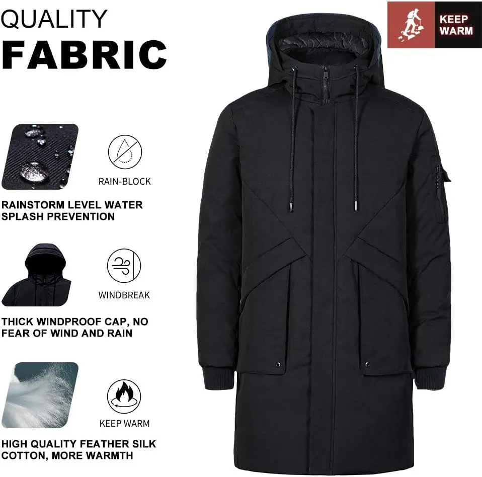 Pioneer Camp Men's Winter Coats Water-Repellent Windproof Thicken Parkas Long Hooded Padded Puffer Jacket