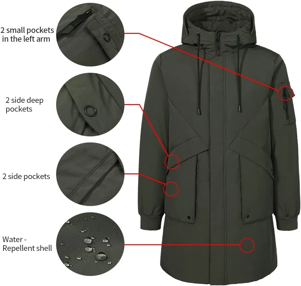Pioneer Camp Men's Winter Coats Water-Repellent Windproof Thicken Parkas Long Hooded Padded Puffer Jacket