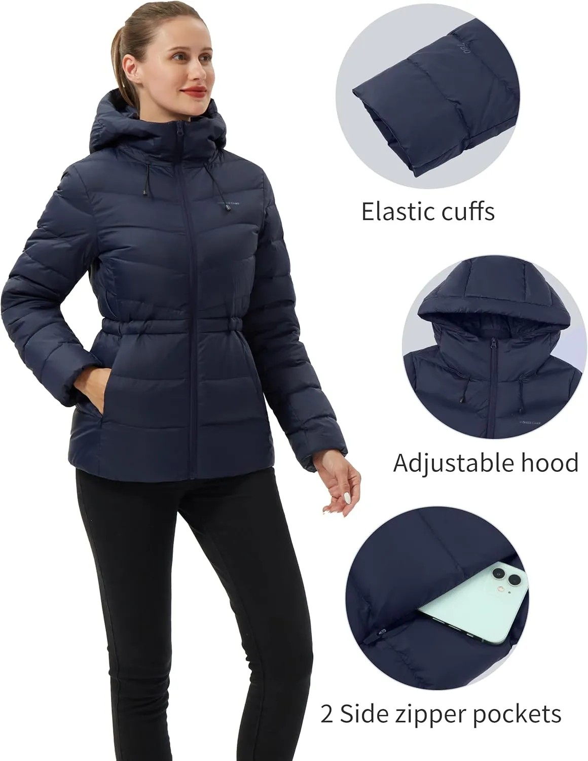 Pioneer Camp Women's Down Puffer Jacket Water-Repellent Winter Coat Quilted Fuffy Outerwear with Hood