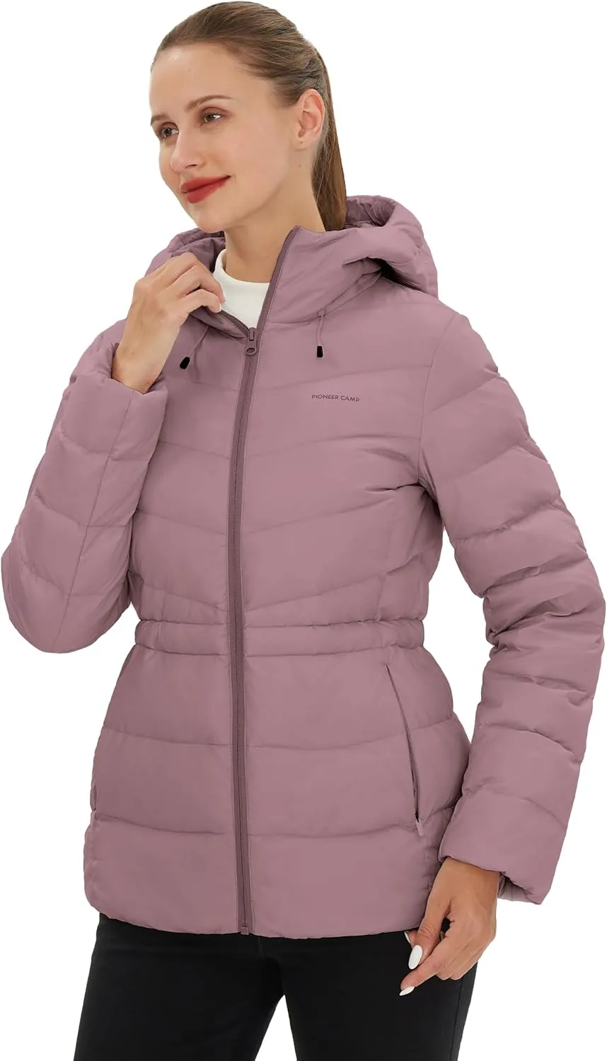 Pioneer Camp Women's Down Puffer Jacket Water-Repellent Winter Coat Quilted Fuffy Outerwear with Hood