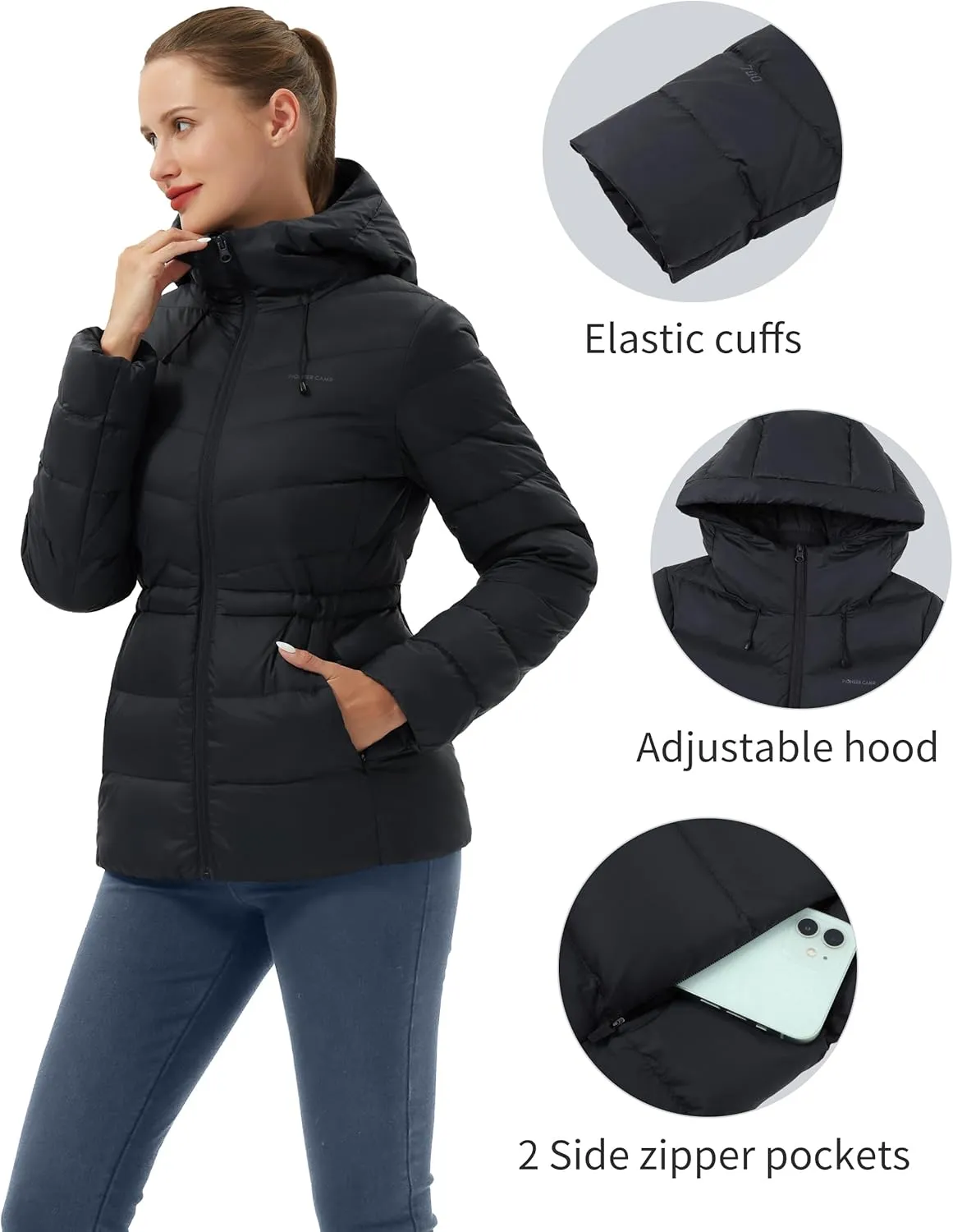 Pioneer Camp Women's Down Puffer Jacket Water-Repellent Winter Coat Quilted Fuffy Outerwear with Hood