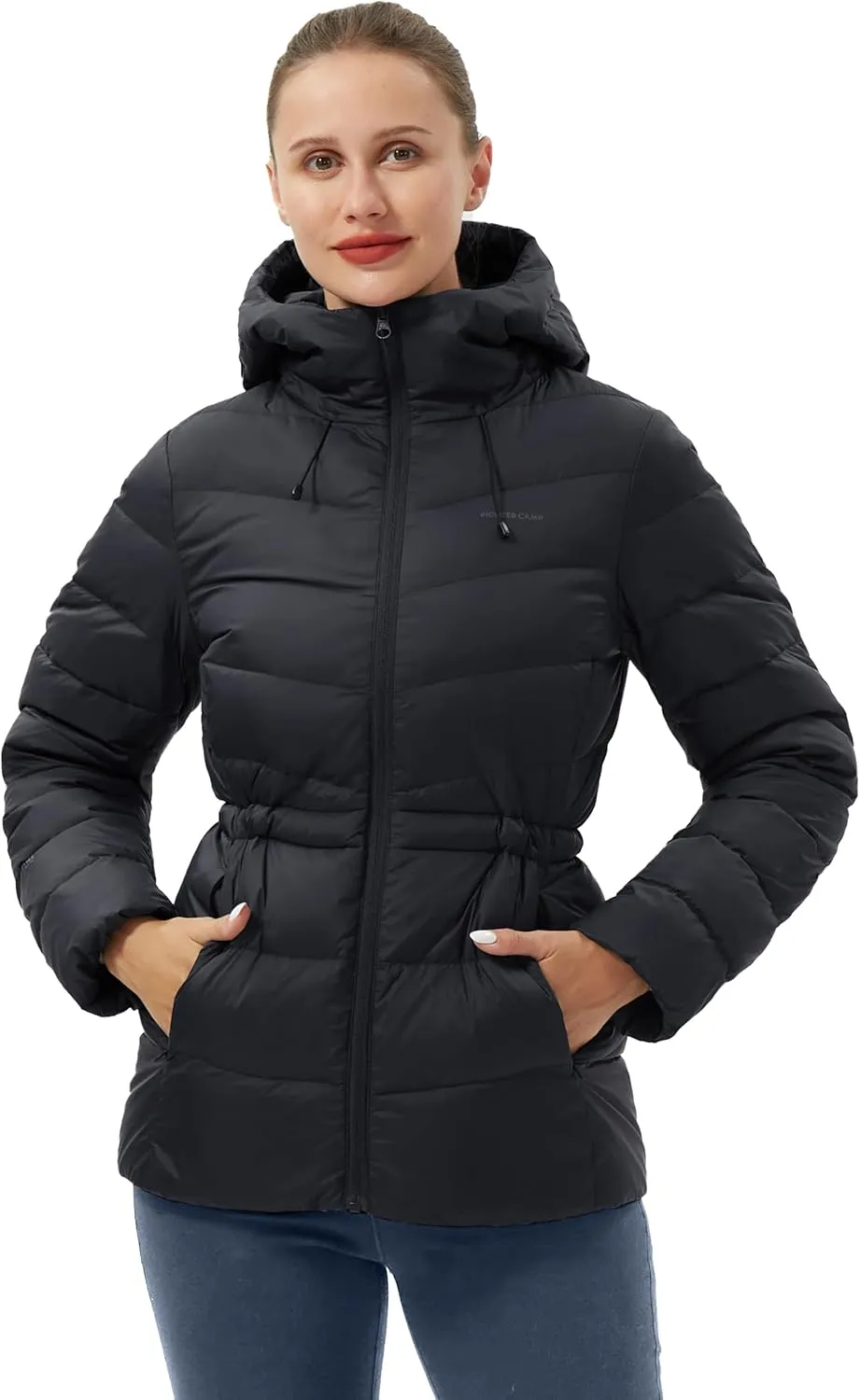 Pioneer Camp Women's Down Puffer Jacket Water-Repellent Winter Coat Quilted Fuffy Outerwear with Hood