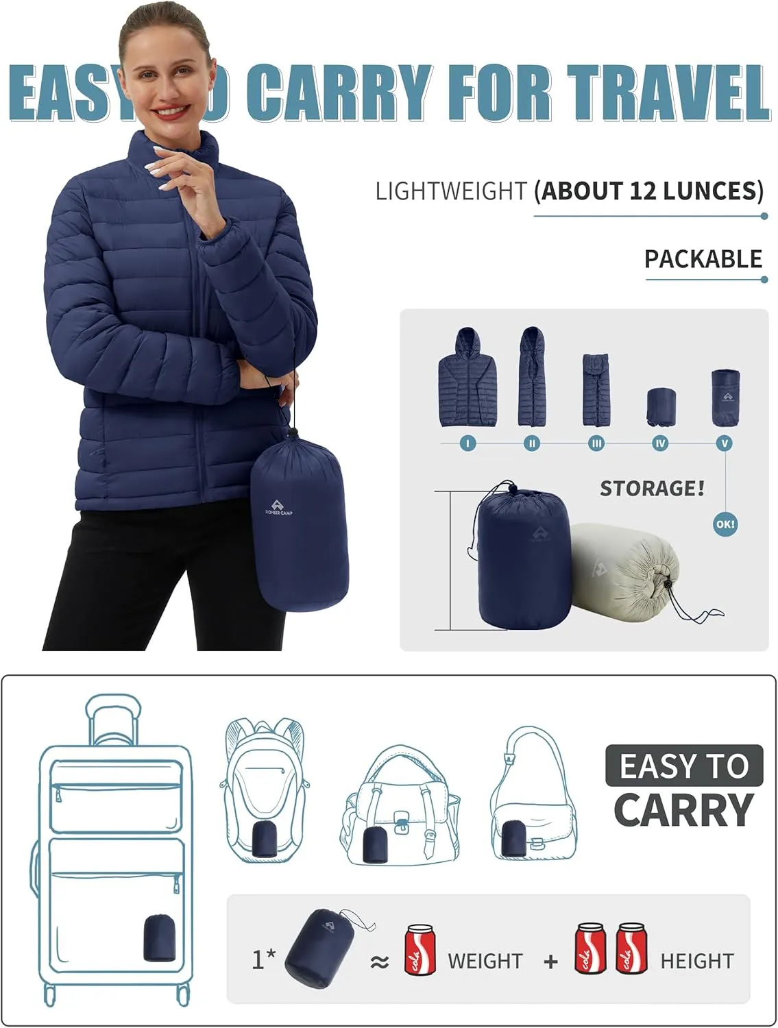 Pioneer Camp Women's Packable Puffer Jacket Winter Lightweight Quilted Coat Water-Repellent Insulated Thermal Warm Outerwear