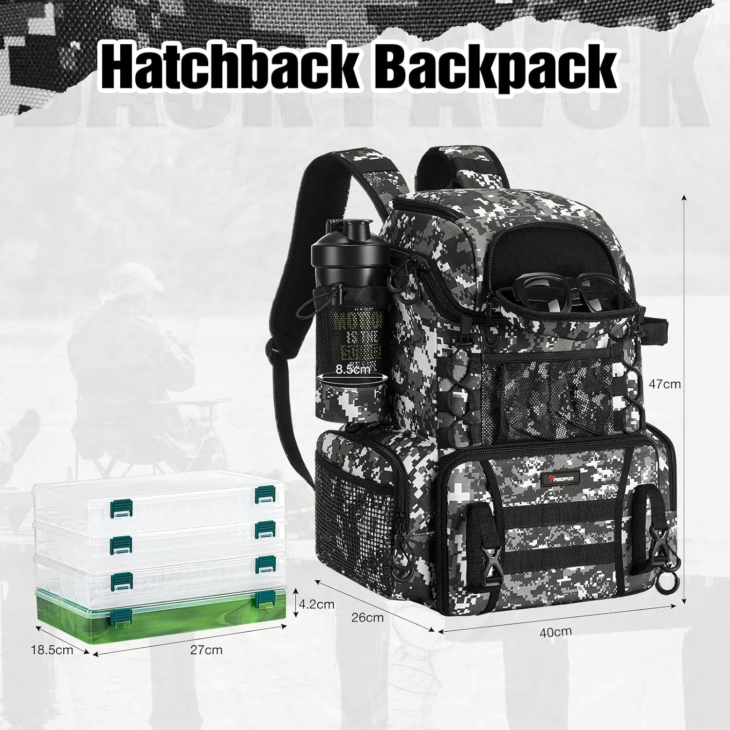 Piscifun Fishing Tackle Backpack with Rod Holders & 4 Tackle Boxes, Outdoor Fishing Bag with Waterproof Rain Cover