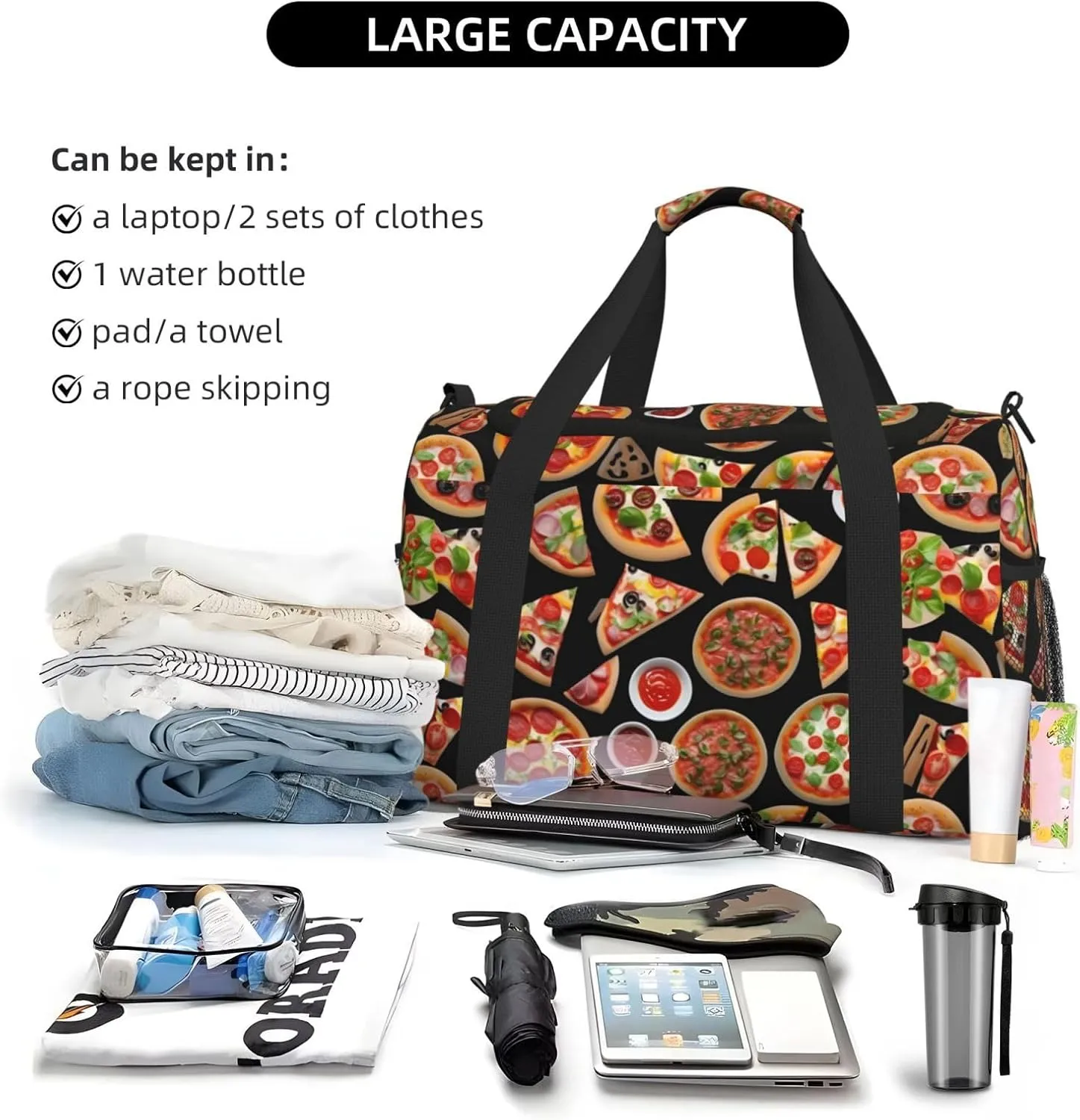 Pizza 3d Travel Duffel Bag With Zippers And Handles, Big Foldable Duffle Bag For Family Vacations
