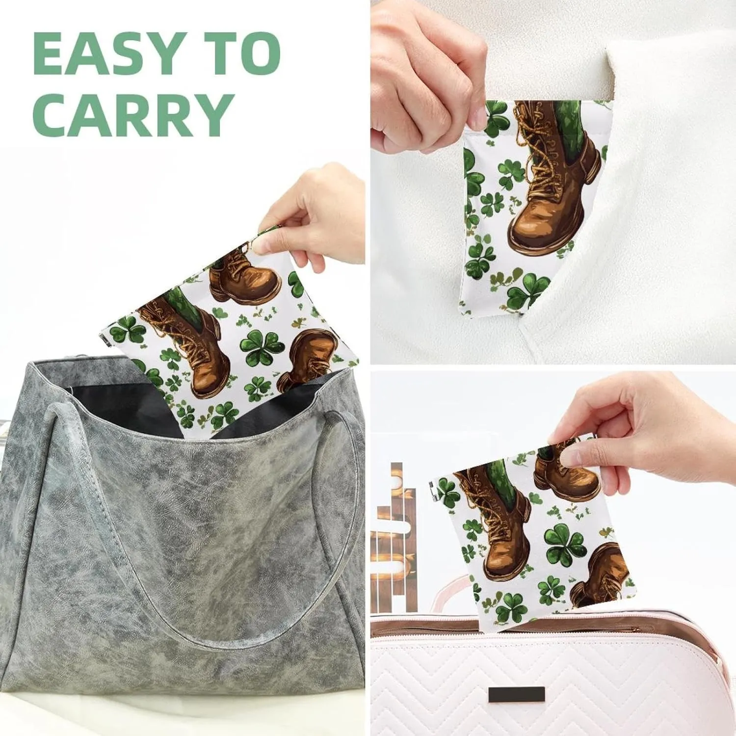 Pocket Cosmetic Bag Squeeze Top, St Patrick Day Green Shamrocks and Horseshoes Waterproof Travel Makeup Bag for Purse, Portable Mini Makeup Pouch No Zipper for Women