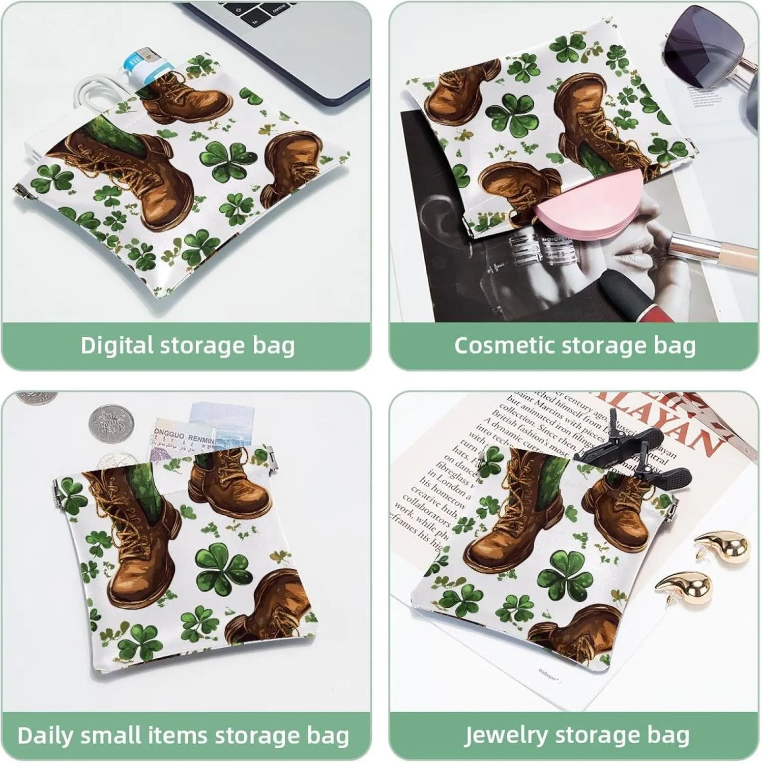 Pocket Cosmetic Bag Squeeze Top, St Patrick Day Green Shamrocks and Horseshoes Waterproof Travel Makeup Bag for Purse, Portable Mini Makeup Pouch No Zipper for Women