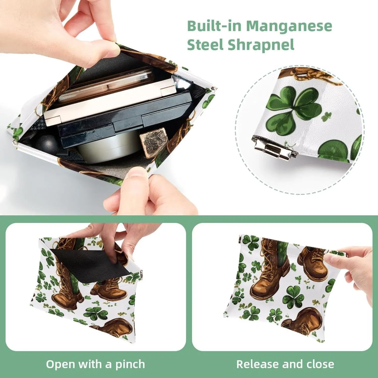 Pocket Cosmetic Bag Squeeze Top, St Patrick Day Green Shamrocks and Horseshoes Waterproof Travel Makeup Bag for Purse, Portable Mini Makeup Pouch No Zipper for Women