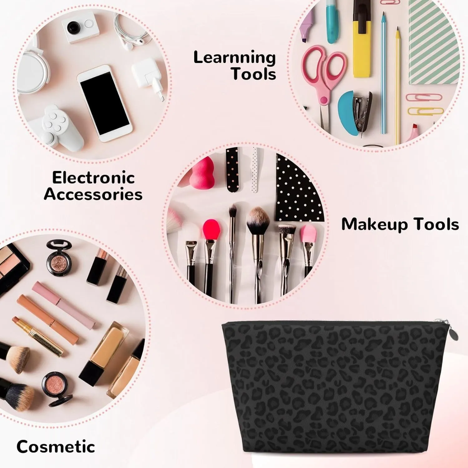 Portable Cosmetic Bag, Travel Zipper Pouch Small Makeup Bag Toiletry Organizer for Women - Black Leopard Cheetah Print