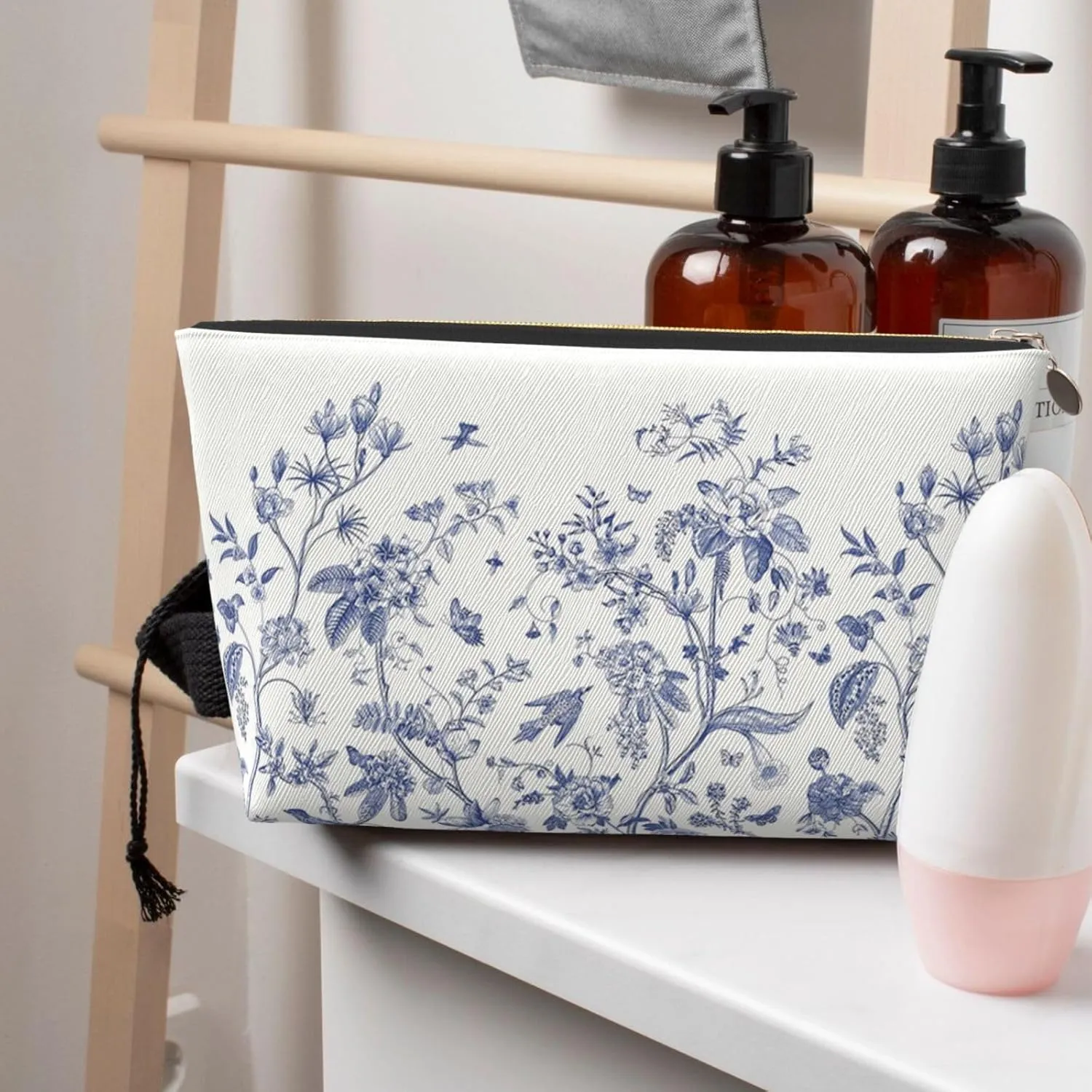 Portable Cosmetic Bag, Travel Zipper Pouch Small Makeup Bag Toiletry Organizer for Women - Blue Chinoiserie Flower Birds