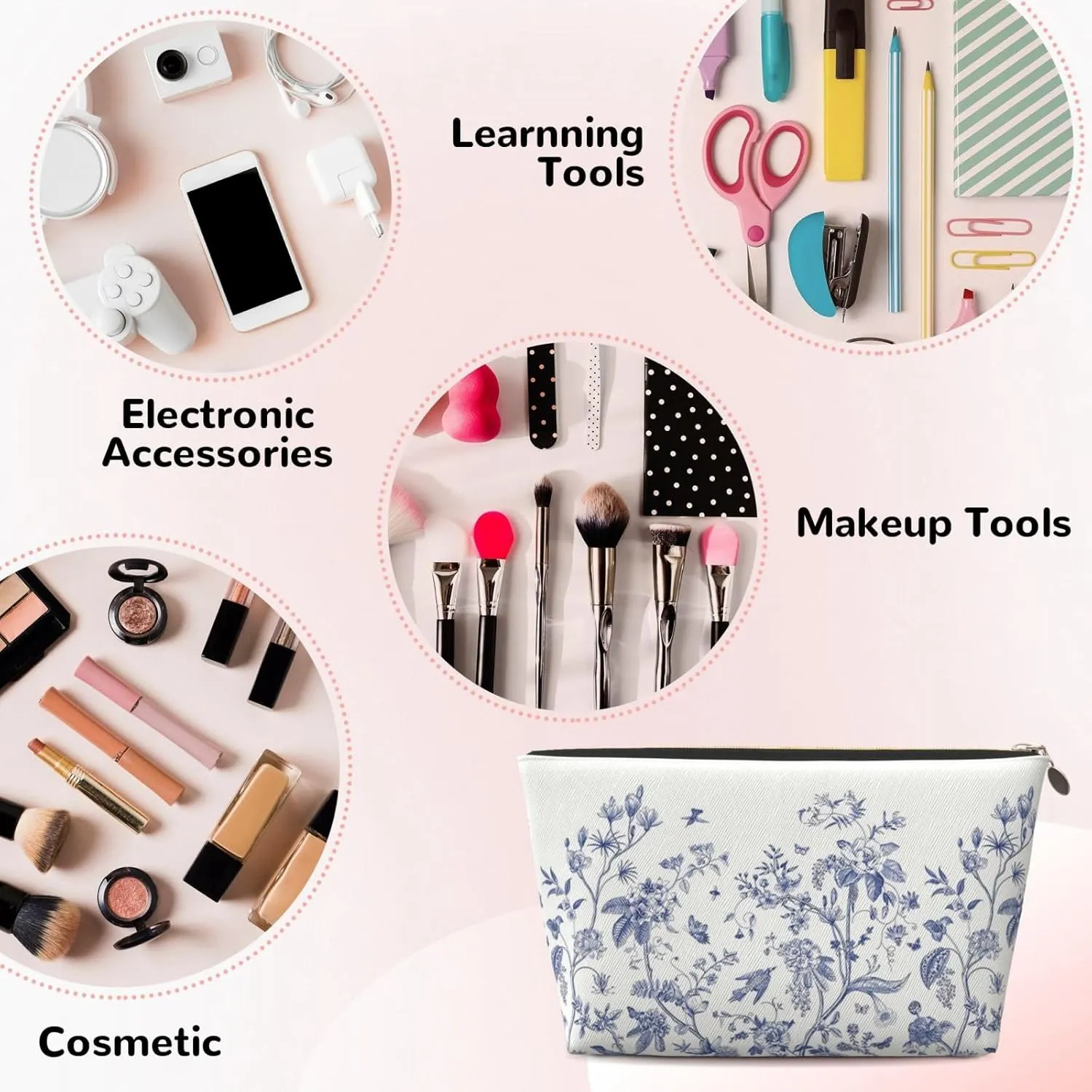 Portable Cosmetic Bag, Travel Zipper Pouch Small Makeup Bag Toiletry Organizer for Women - Blue Chinoiserie Flower Birds