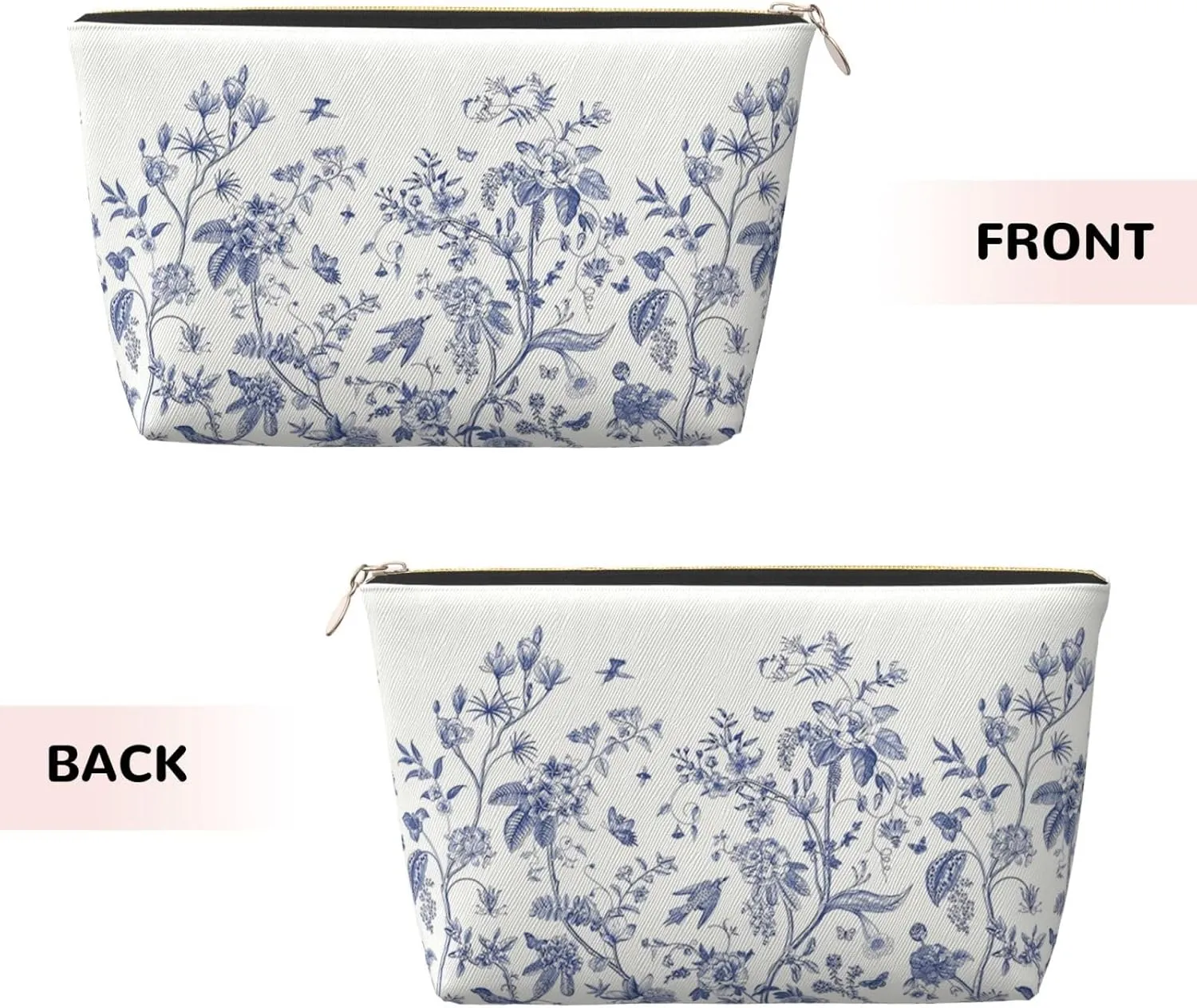 Portable Cosmetic Bag, Travel Zipper Pouch Small Makeup Bag Toiletry Organizer for Women - Blue Chinoiserie Flower Birds