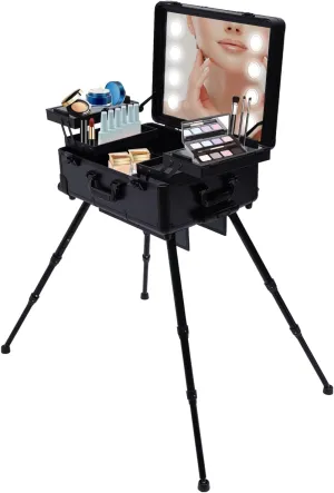 Portable Rolling Train Case,3 Tier Makeup Organizer Professional Cosmetic Box Trolley Suitcase w/4 Rolling Wheels & LED & Mirror (Black)