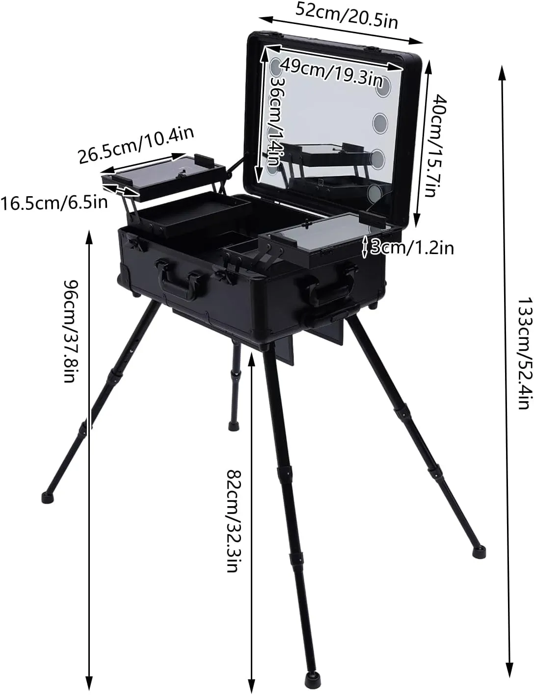 Portable Rolling Train Case,3 Tier Makeup Organizer Professional Cosmetic Box Trolley Suitcase w/4 Rolling Wheels & LED & Mirror (Black)
