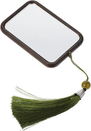 Portable Wooden Makeup Mirror Tassel Design Carving for Girls and Travelers
